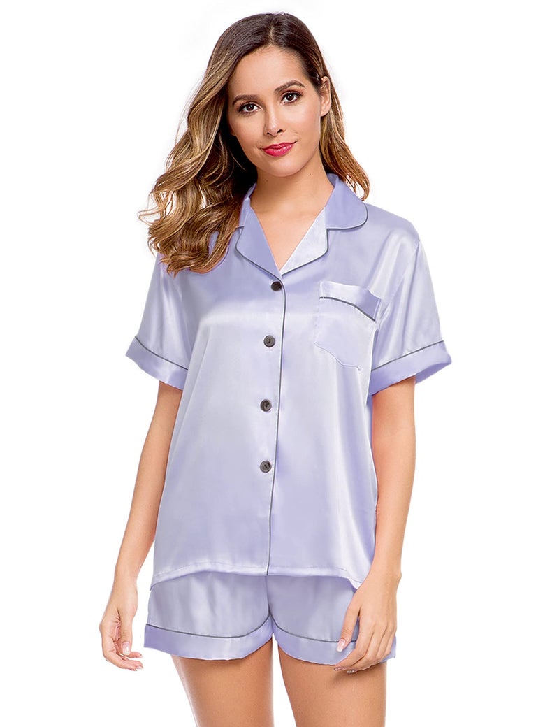 LecGee Womens Silk Satin Pajamas Short Sleeve Loungewear Two-Piece Sleepwear Button-Down Pj Set - Image 2